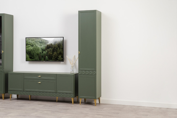 Гостиная Марион композиция 1 дымчатый зеленый K521, олива шагрень AG 1050 ПВХ, белый PE шагрень (собирается на любую сторону)