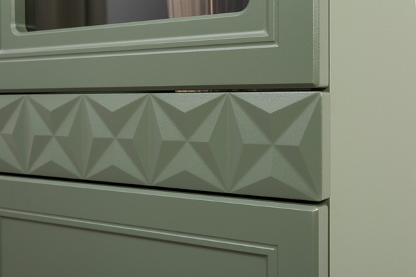 Гостиная Марион композиция 2 дымчатый зеленый K521, олива шагрень AG 1050 ПВХ, белый PE шагрень (собирается на любую сторону)